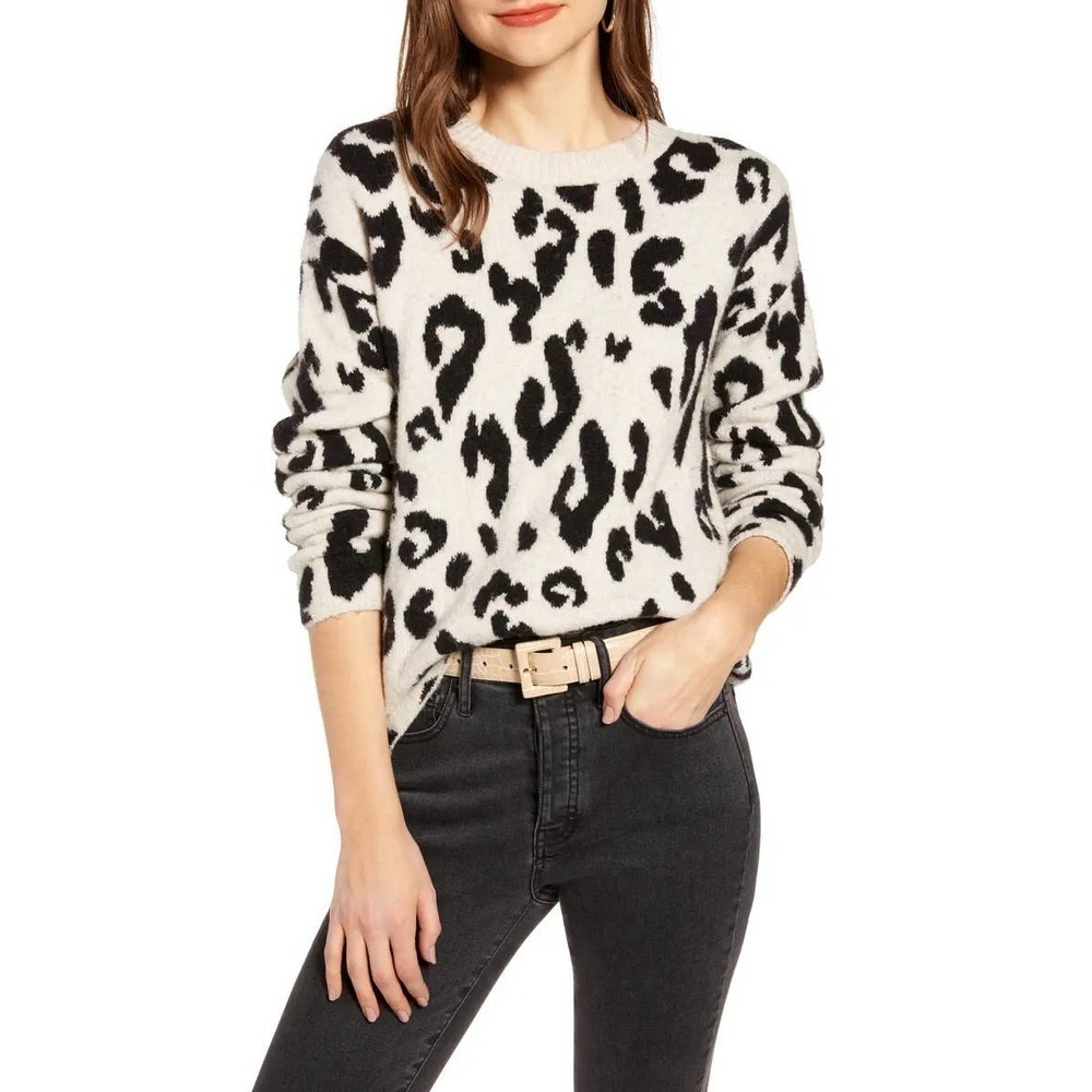 New Something Navy Leopard Crewneck Pullover Women's Size XS